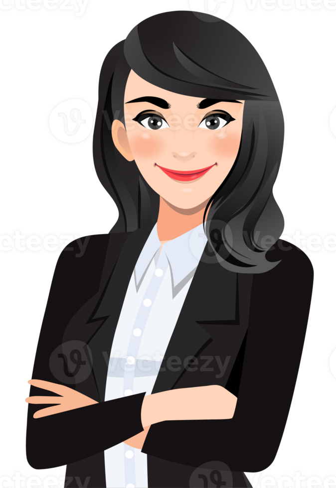 Businesswoman or female character crossed arms pose in black suit half body cartoon character png