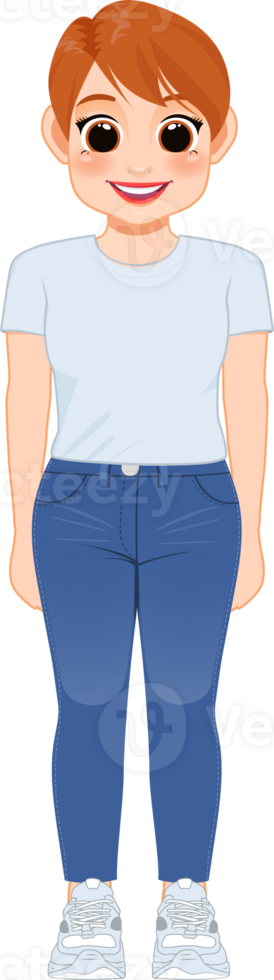 Cartoon character girl in white shirt and blue jeans smiling png