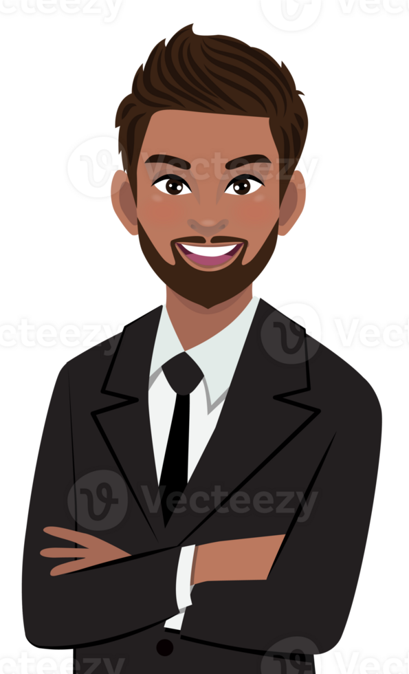 schwarz Geschäftsmann oder amerikanisch afrikanisch männlich Charakter gekreuzt Waffen Pose im schwarz passen Hälfte Körper Karikatur Charakter png