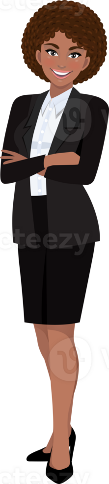 Black businesswoman or American African female character crossed arms pose in black suit cartoon character png