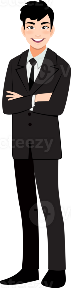 Businessman or male character crossed arms pose in black suit cartoon character png