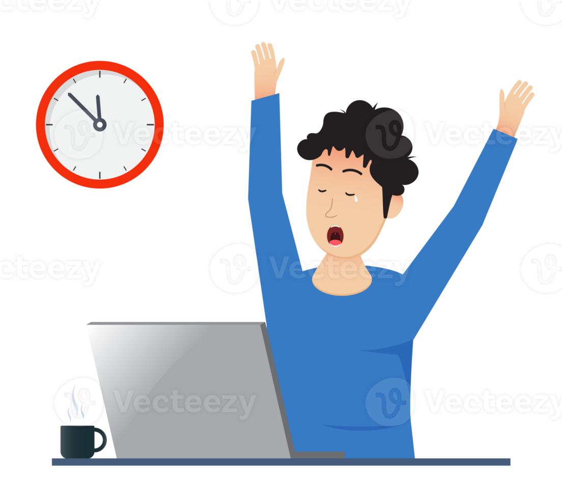 Businessman working overtime late night in office with laptop computer png