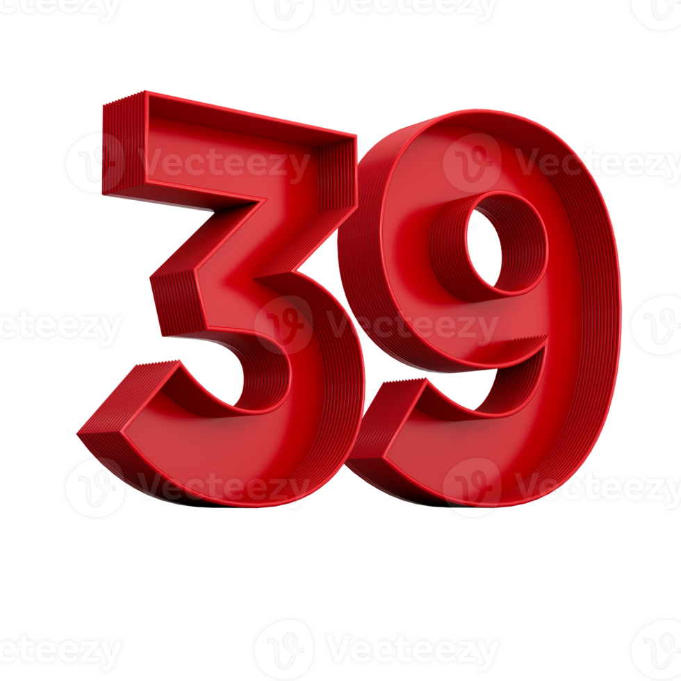 3d illustration of red number 39 or Thirty Nine inner shadow png