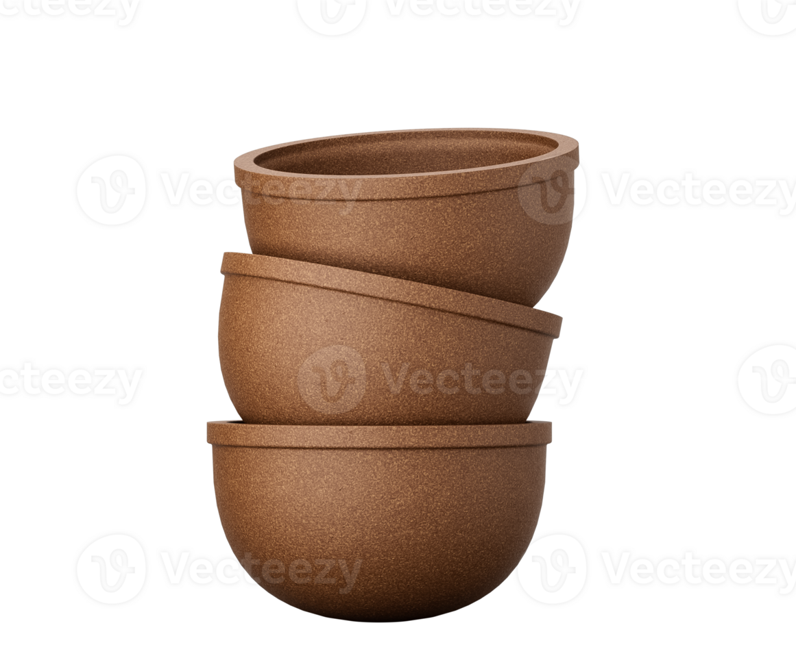 Clay pot on isolated, Uneven stack of three brown clay cups 3d illustration png