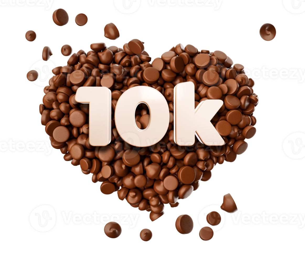 10k Likes 3d Text on Chocolate Chips Pieces Love 3d illustration png