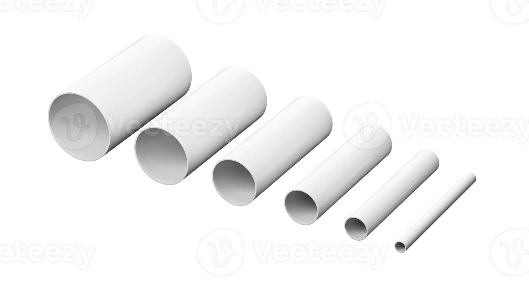 White PVC Pipe fittings joint, PVC Pipes Different size isolated 3d