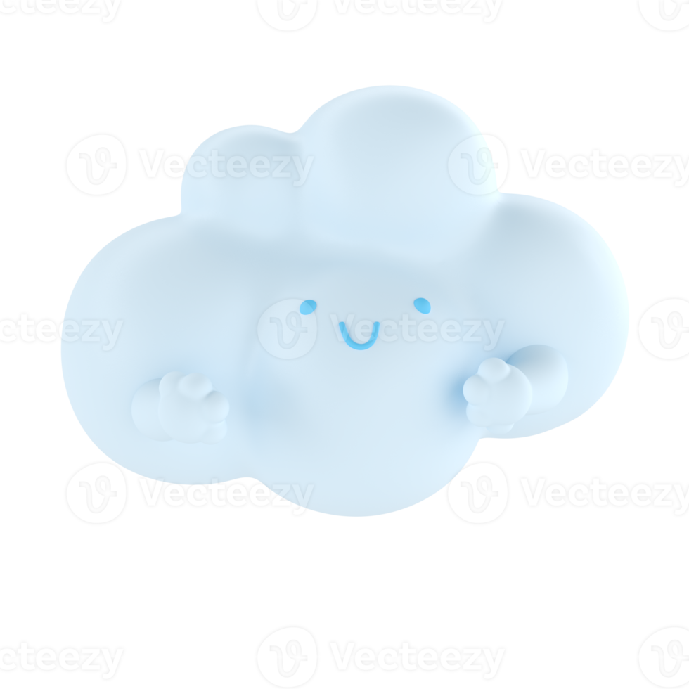Light blue 3d cloud icon face. Render soft round cartoon fluffy cloud icon shape illustration isolated transparent png background