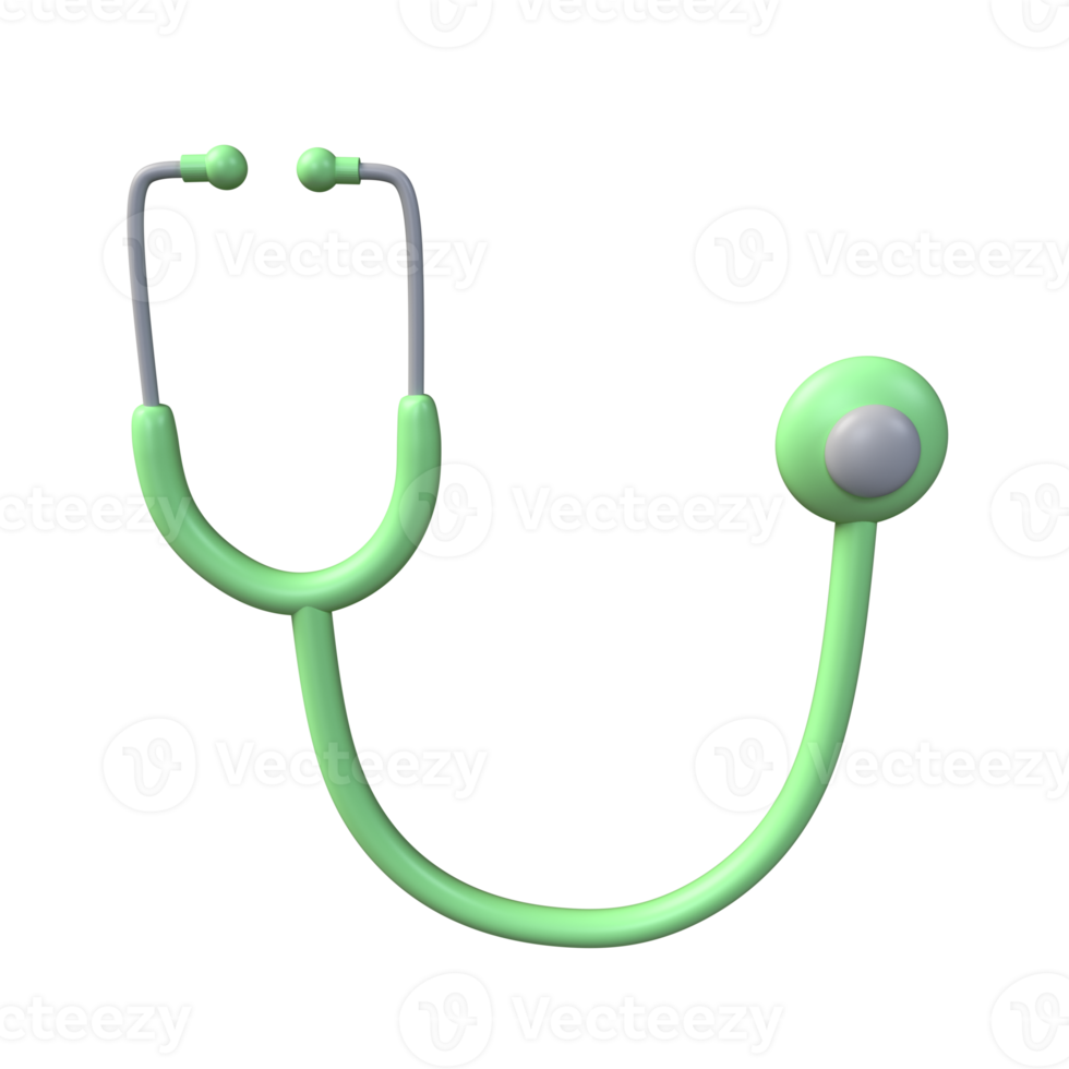 3d green stethoscope icon. Rendering illustration of medical sign. Clinical diagnostic, listen heartbeat medicine tool. Cartoon cute cardiology instrument. isolated transparent png background