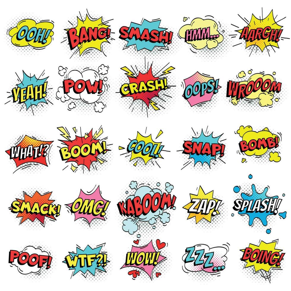 Exclamation texting comic signs on speech bubbles. Cartoon crash, pow, bomb, wham, oops and cool comic sign vector set