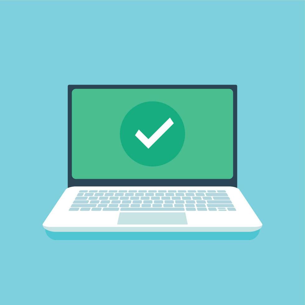 Check mark on laptop screen. Success tick icon or confirmation notification on open laptop display flat vector illustration