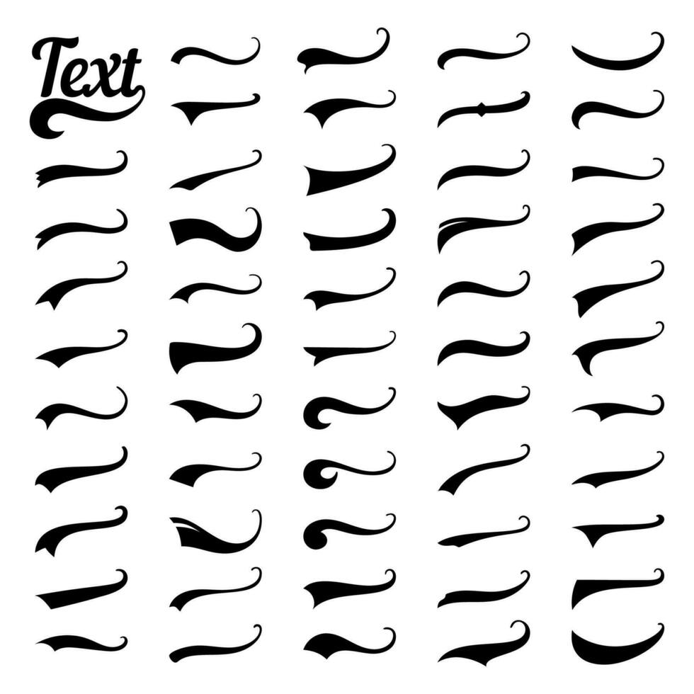 Sporty swirling tail football and baseball typography swashes. Swirled plume curly tails for retro style text vector set