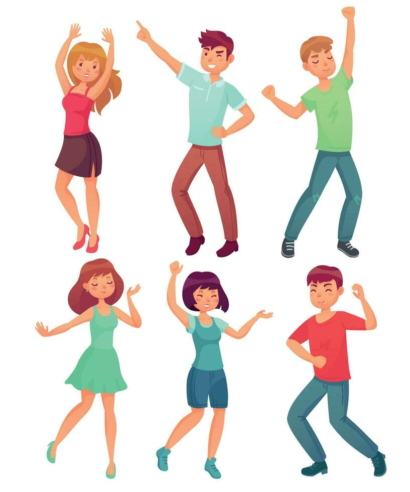 Cartoon dancing people. Happy dance of excited teenager, young women men character at party. Celebrating dances vector set