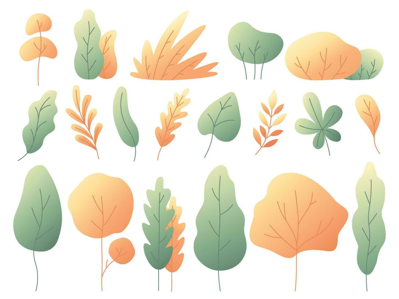 Simple colorful autumn leaves. Autumnal trees and bushes. Minimalistic yellow leaf flat vector set