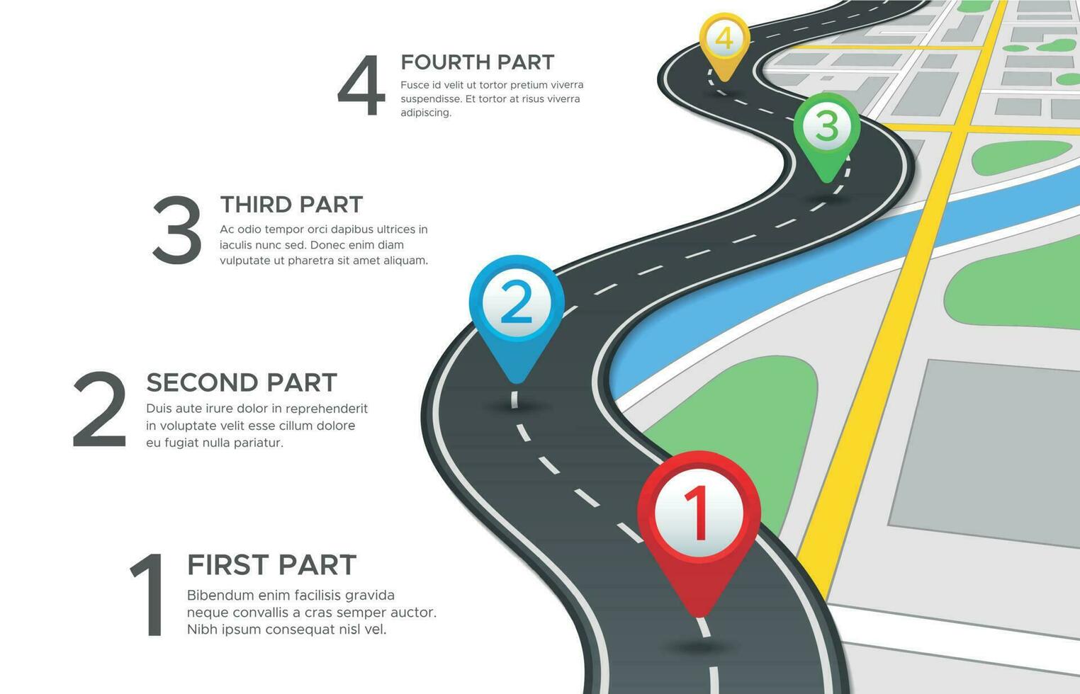 Highway road infographic. Street roads map, gps navigation way path and town journey pin directions sign 3d vector concept