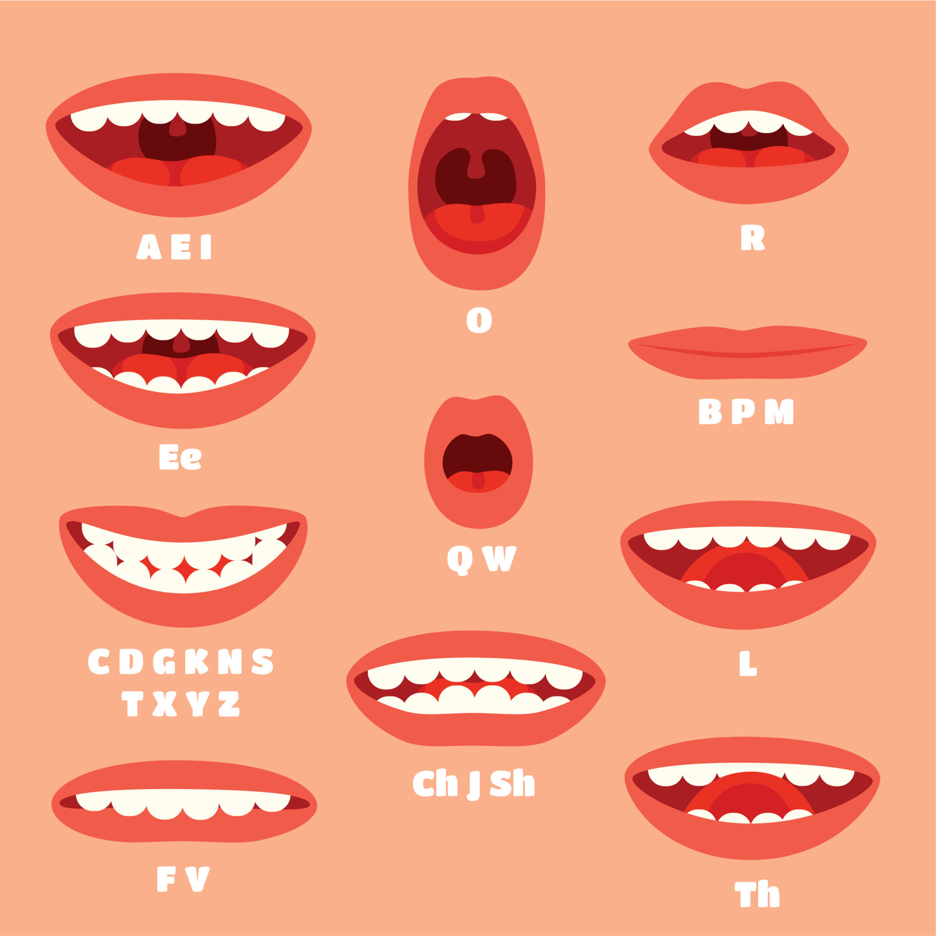 Expressive cartoon articulation mouth, lips. Lip sync animation