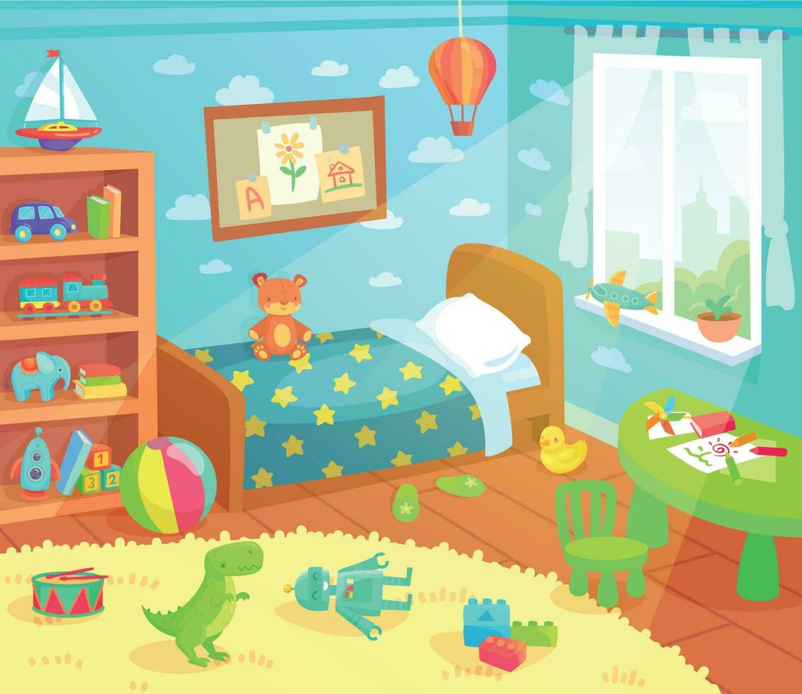 Cartoon kids bedroom interior. Home childrens room with kid bed, child toys and light from window vector illustration