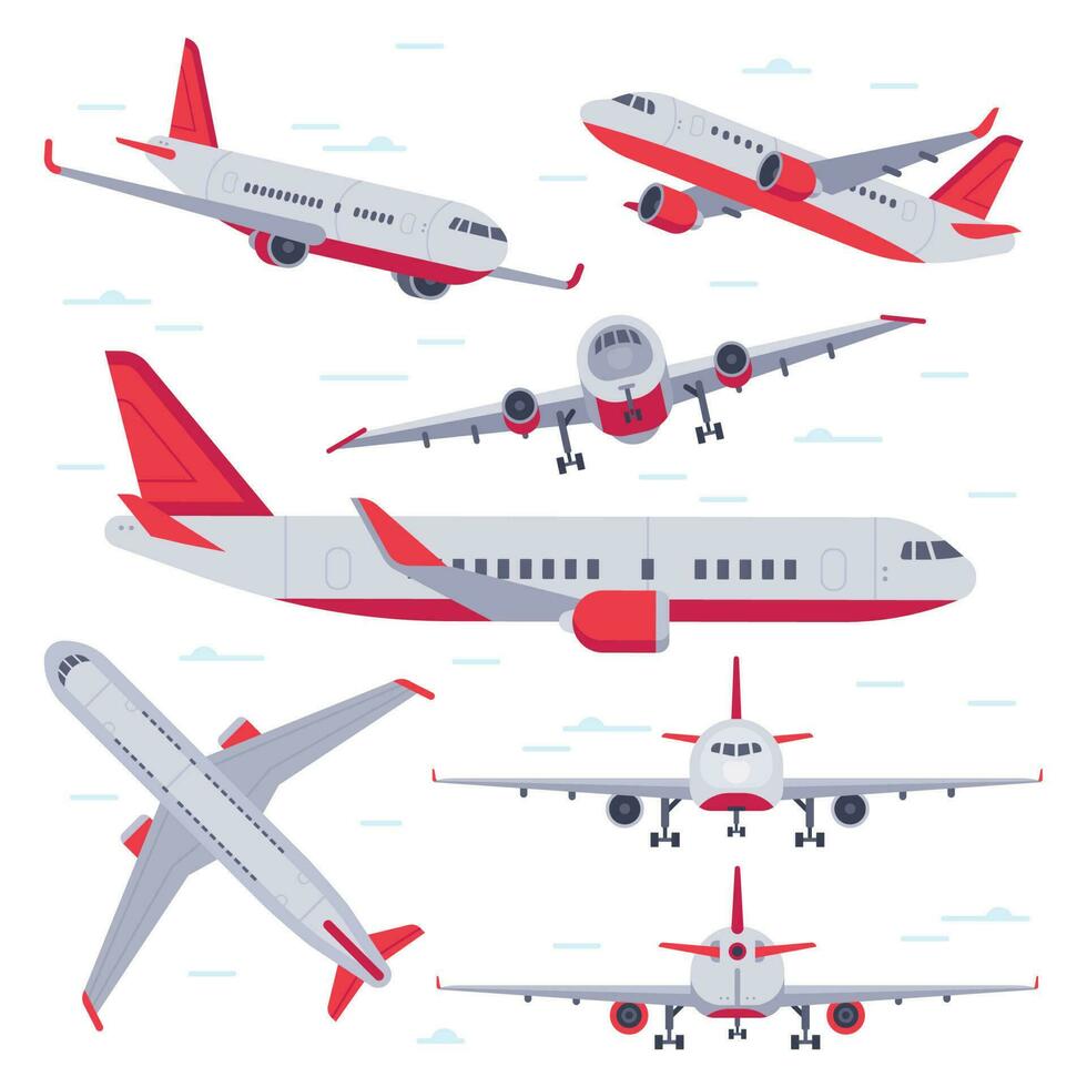 Flat airplane. Aircraft flight travel, aviation wings and landing airplanes isolated vector illustration