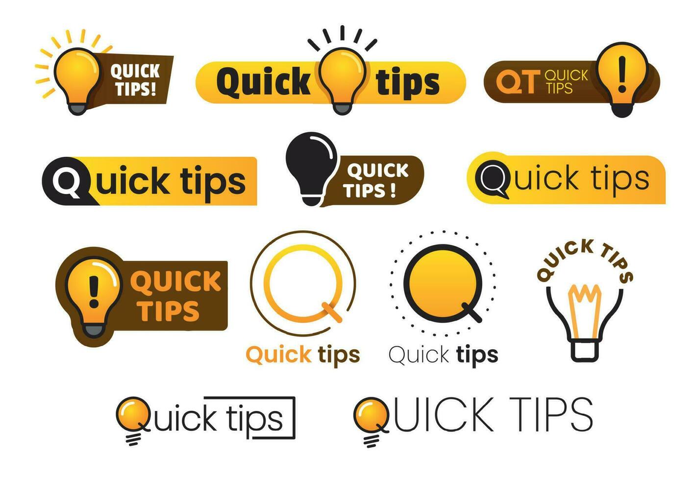 Logo quick tips. Yellow lightbulb icon with quicks tip text. Lamp of advice idea vector banner set