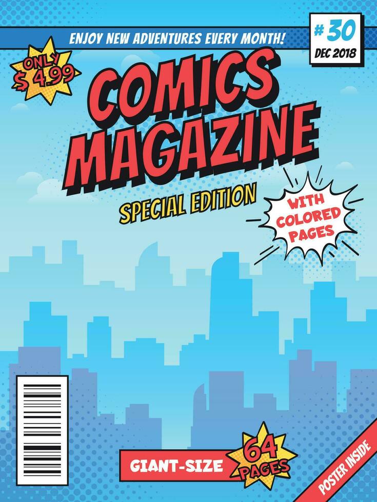 Comic book cover page. City superhero empty comics magazine covers layout, town buildings and vintage comic books vector template