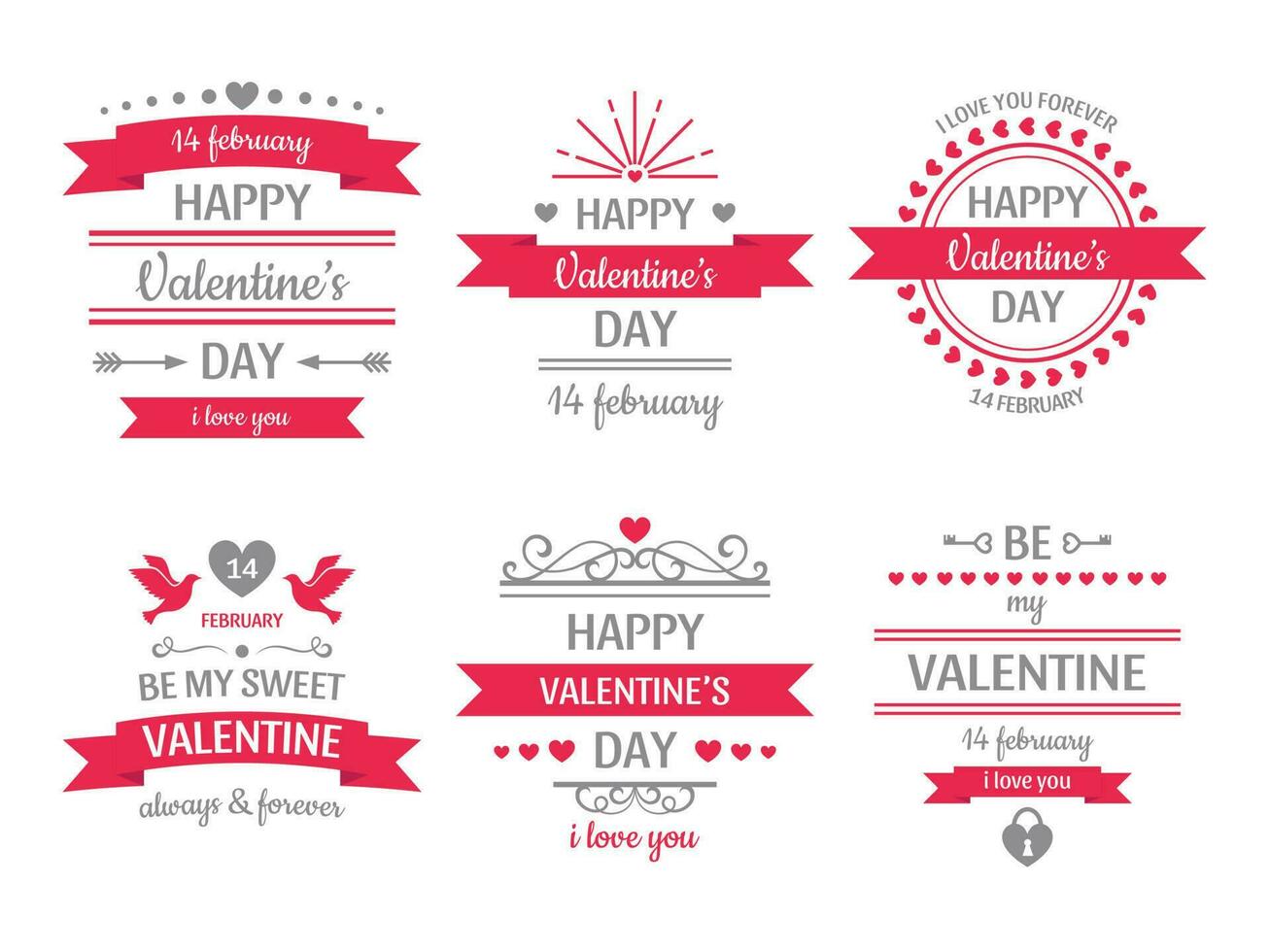 Valentines day sign. Vintage valentine card, retro love couple hearts labels and love wishes heart frame vector illustration set