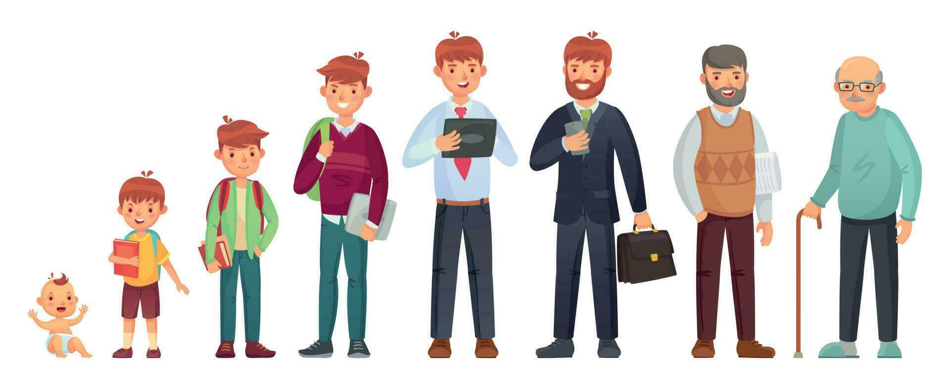 Male different age. Newborn baby, teenage boy and student ages, adult man and old senior. People generations vector illustration