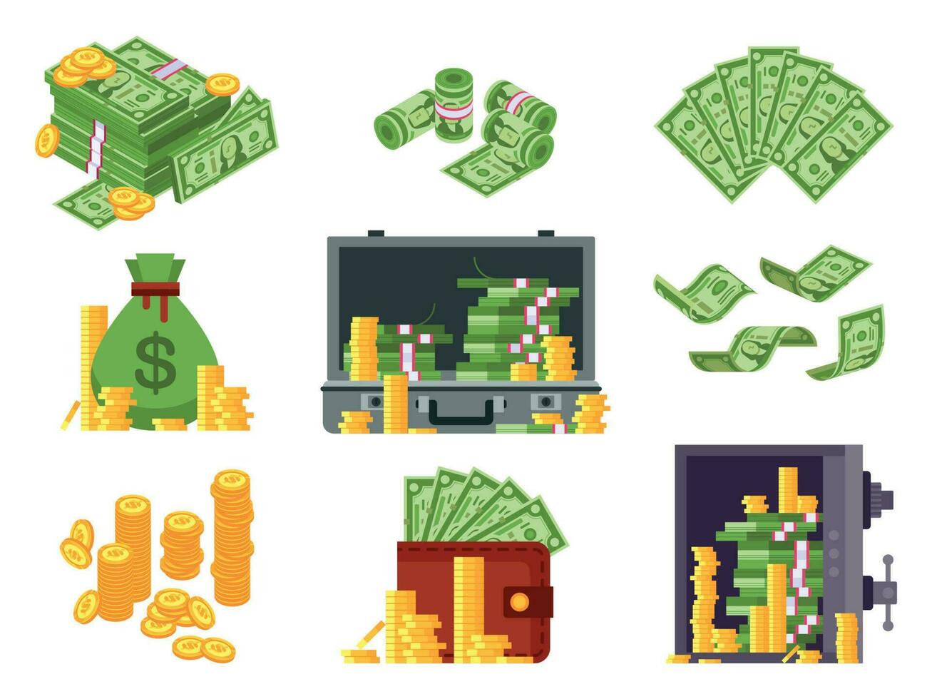 Money banknote. Cash bag, banknotes wallet and dollars heap in safe. Lots dollar piles and gold coins isometric vector illustration