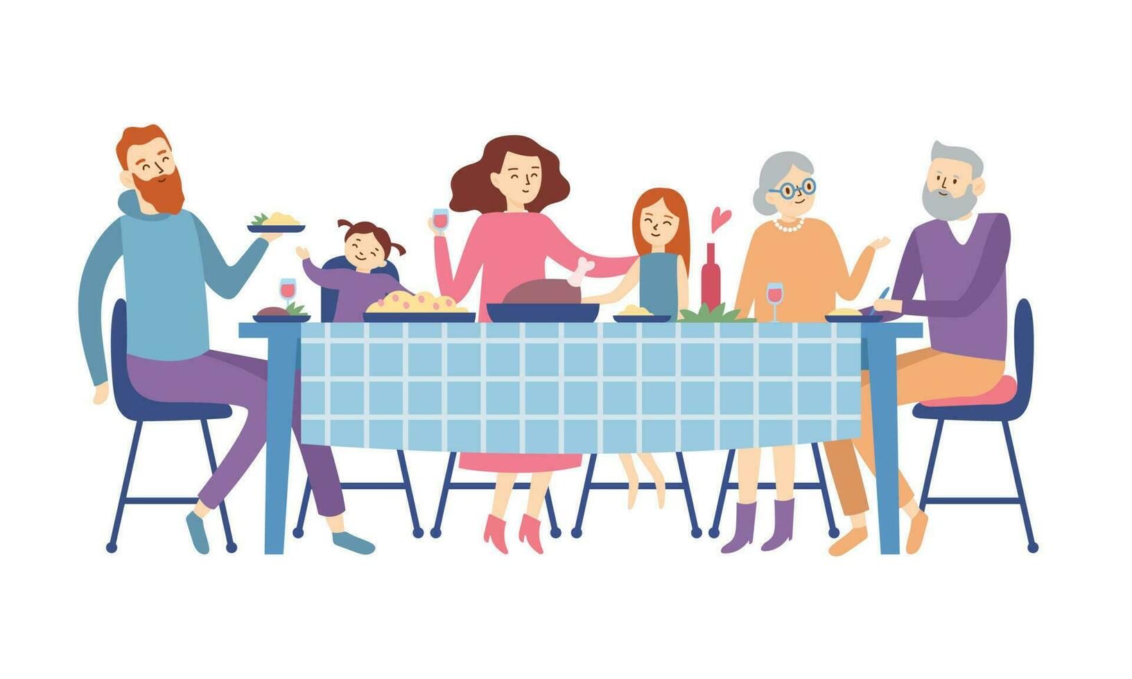 Family sitting at dining table. People eat festive food, holiday talking and family dinner reunion vector illustration