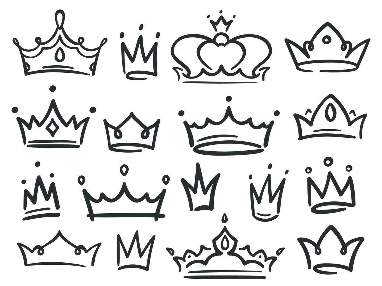 Sketch crown. Simple graffiti crowning, elegant queen or king crowns hand drawn vector illustration
