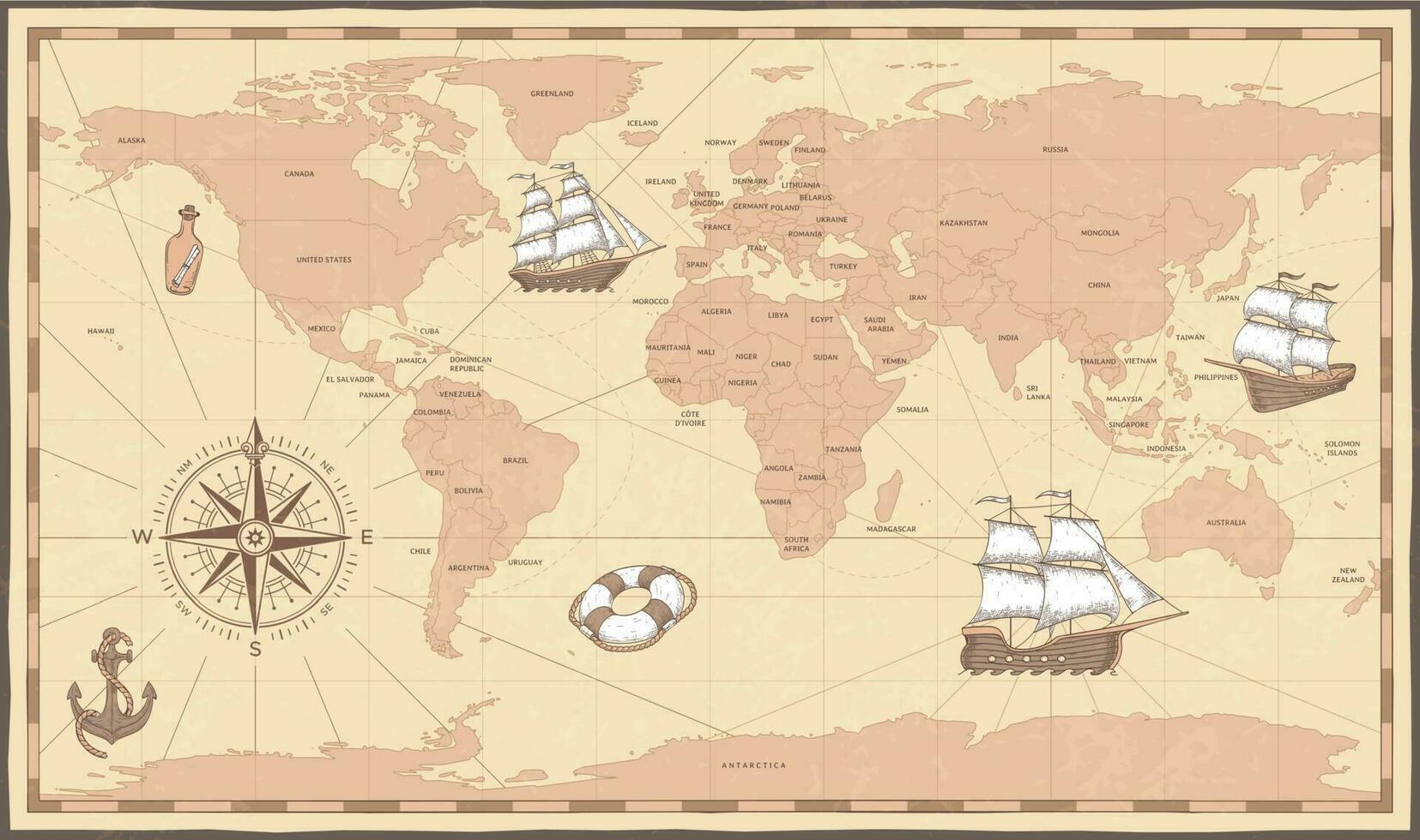 Antique world map. Vintage compass and retro ship on ancient marine map. Old countries boundaries vector illustration