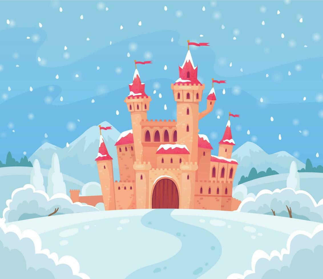 Fairy tales winter castle. Magical snowy landscape with medieval castle cartoon vector background illustration