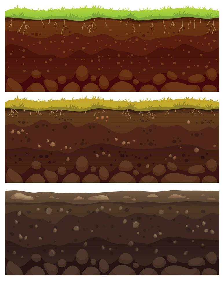 Seamless soil layers. Layered dirt clay, ground layer with stones and grass on dirts cliff texture vector pattern