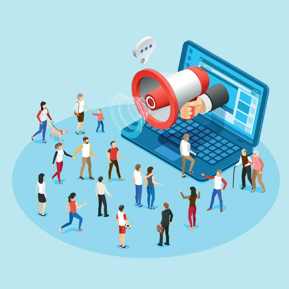 Web promotion marketing. Advertising social media megaphone broadcasting ads from laptop screen vector isometric concept illustration