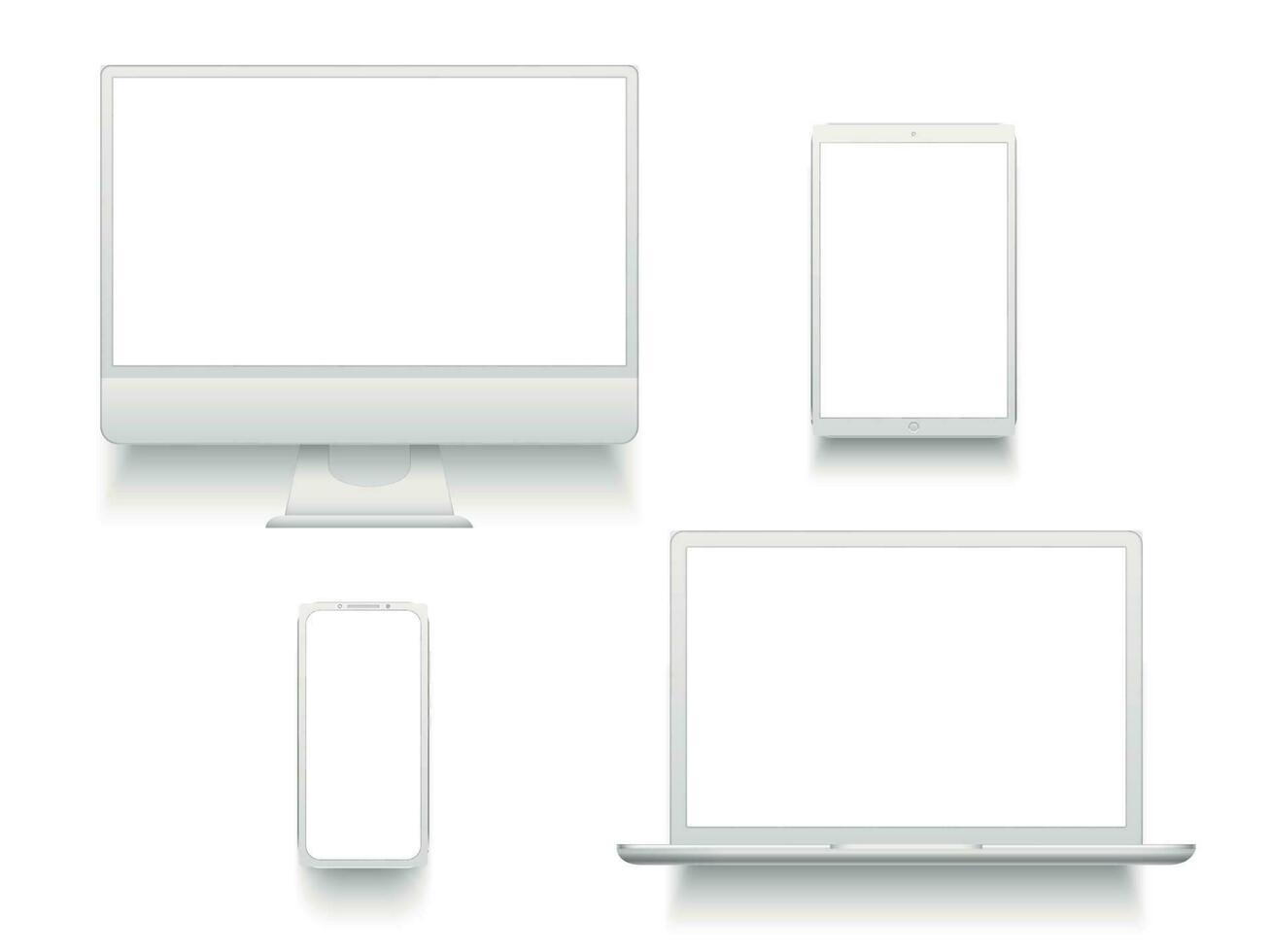 White desktop computer display screen smartphone tablet portable notebook or laptop. Mockup electronics devices vector set