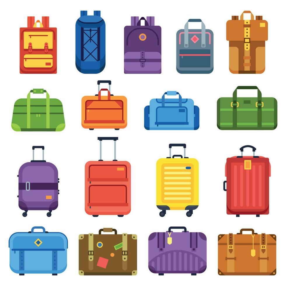 Baggage suitcase. Handle travel bag, luggage backpack and business suitcases isolated flat vector set