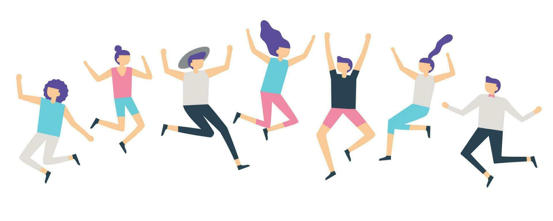 Jumping people. Active adults friends group jump. Happy female and male characters jumped and laugh vector illustration