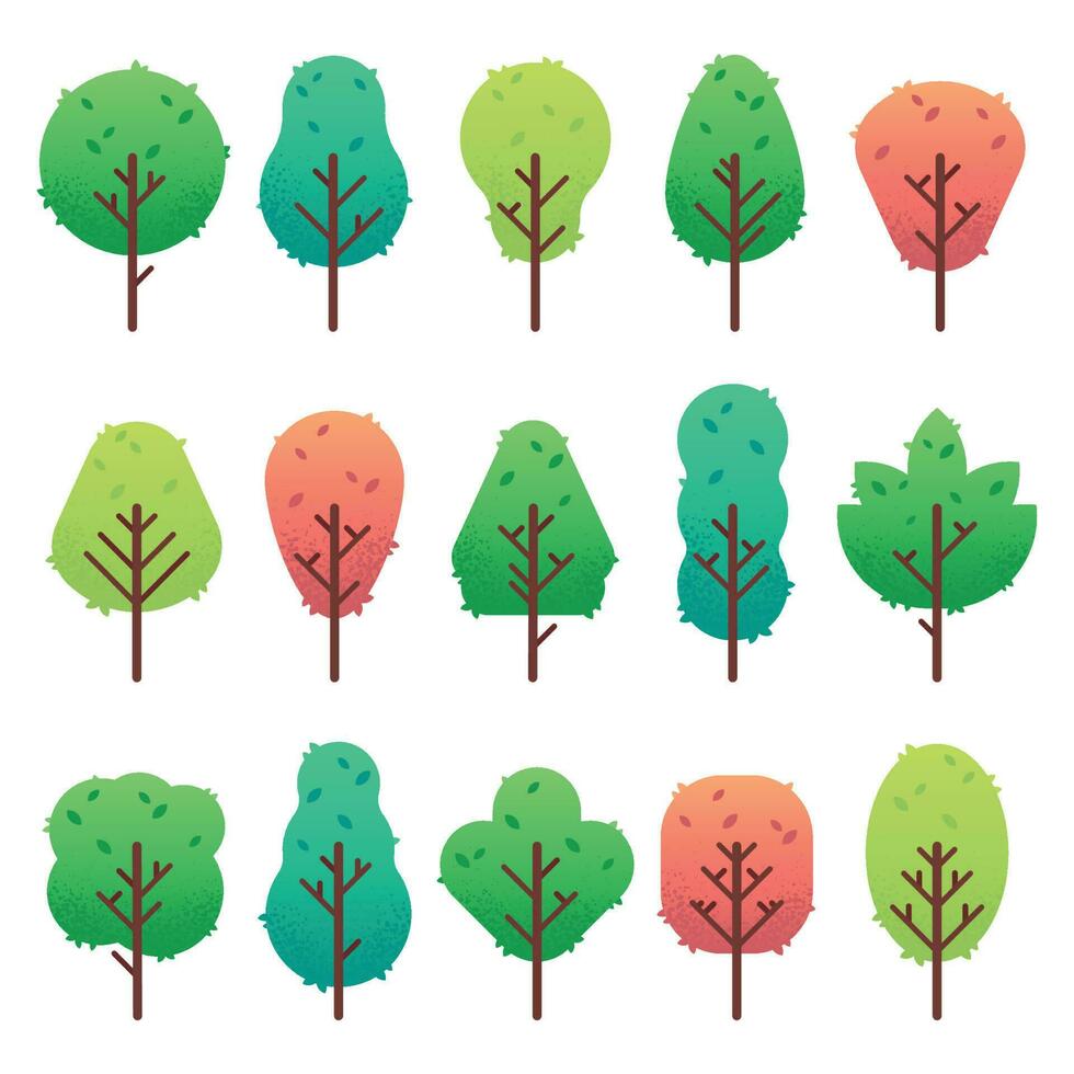 plano arboles colocar. jardín árbol trompa, arbusto y pino. naturaleza verde paisaje vector aislado ilustración