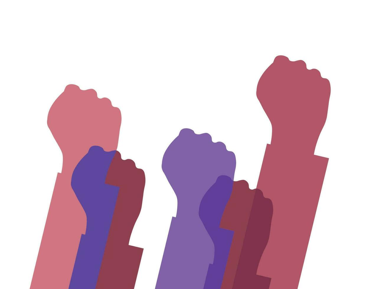 elevado manos. grupo de personas de diferente Razas elevado su puños como símbolo de unidad, protesta, fuerza o victoria, éxito. concepto de unidad revolución, lucha, cooperación. vector ilustración