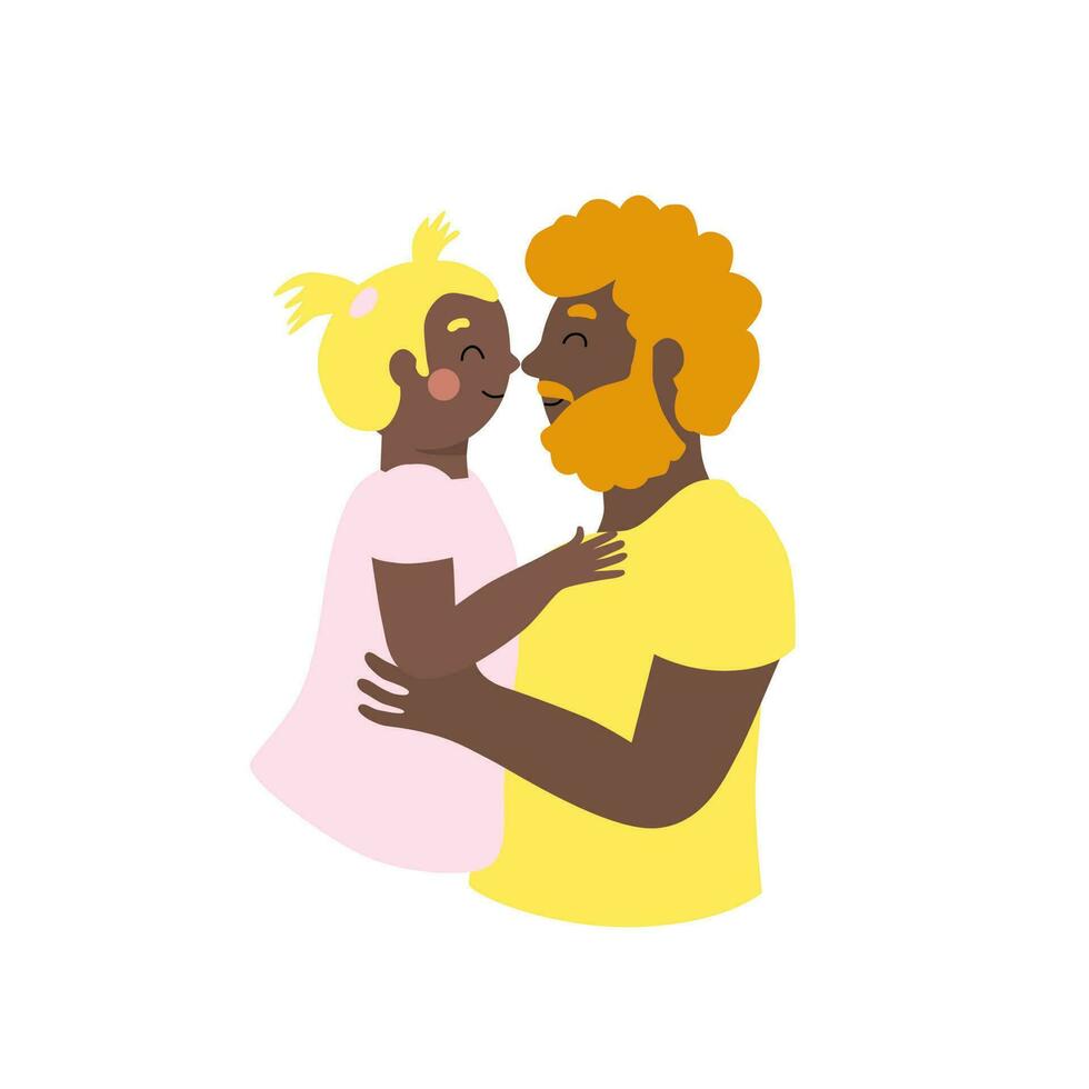 Love between parent and child. Happy father's day. Dad touches daughter's nose. Vector illustration about relationship and spent time together