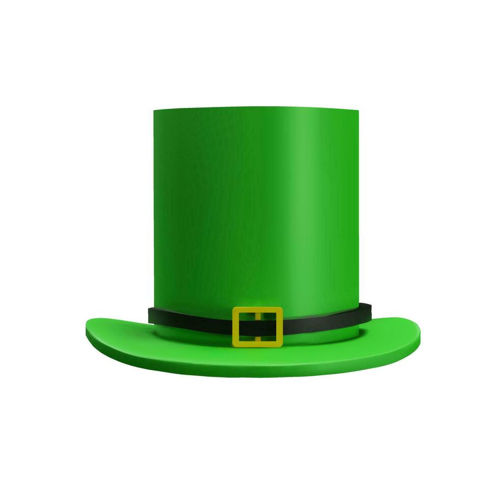 3D render of leprechaun hat. Irish holiday is Saint Patrick's Day. Vector illustration in modern cartoon clay style. Green symbol of luck