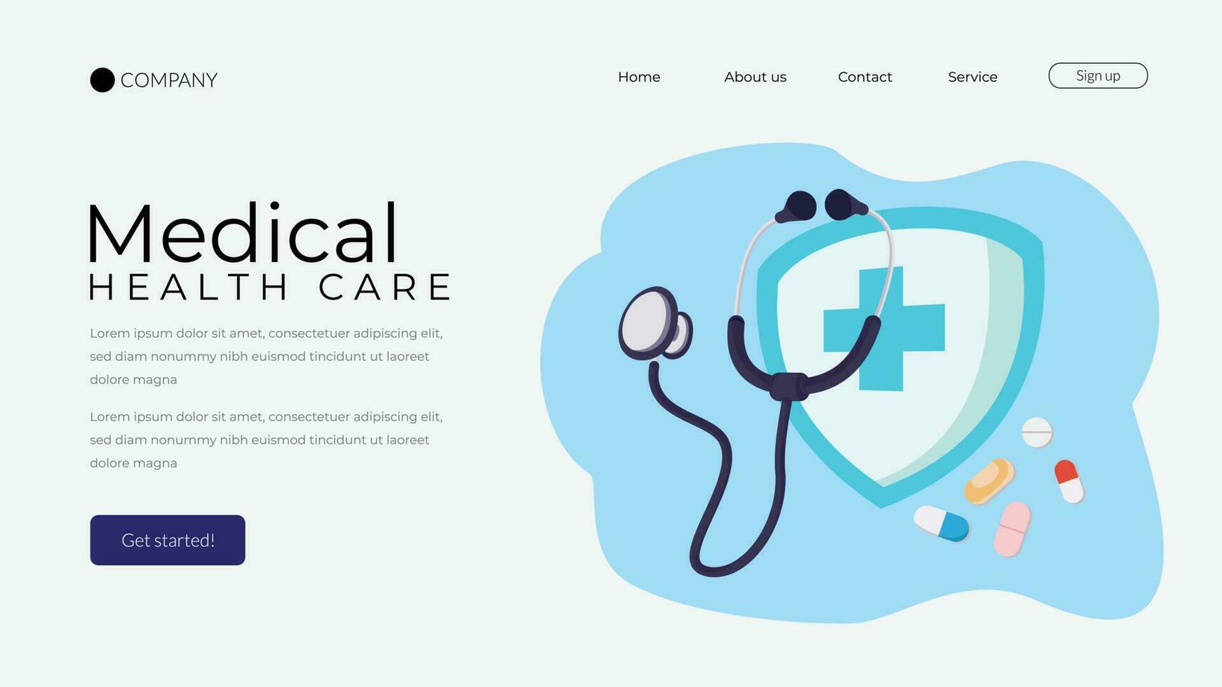 medical landing page template. landing page with image of stethoscope and health care logo vector