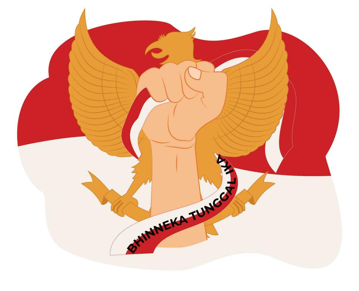 pancasila día celebracion. ilustración de Garuda y un mano participación un rojo y blanco bandera vector