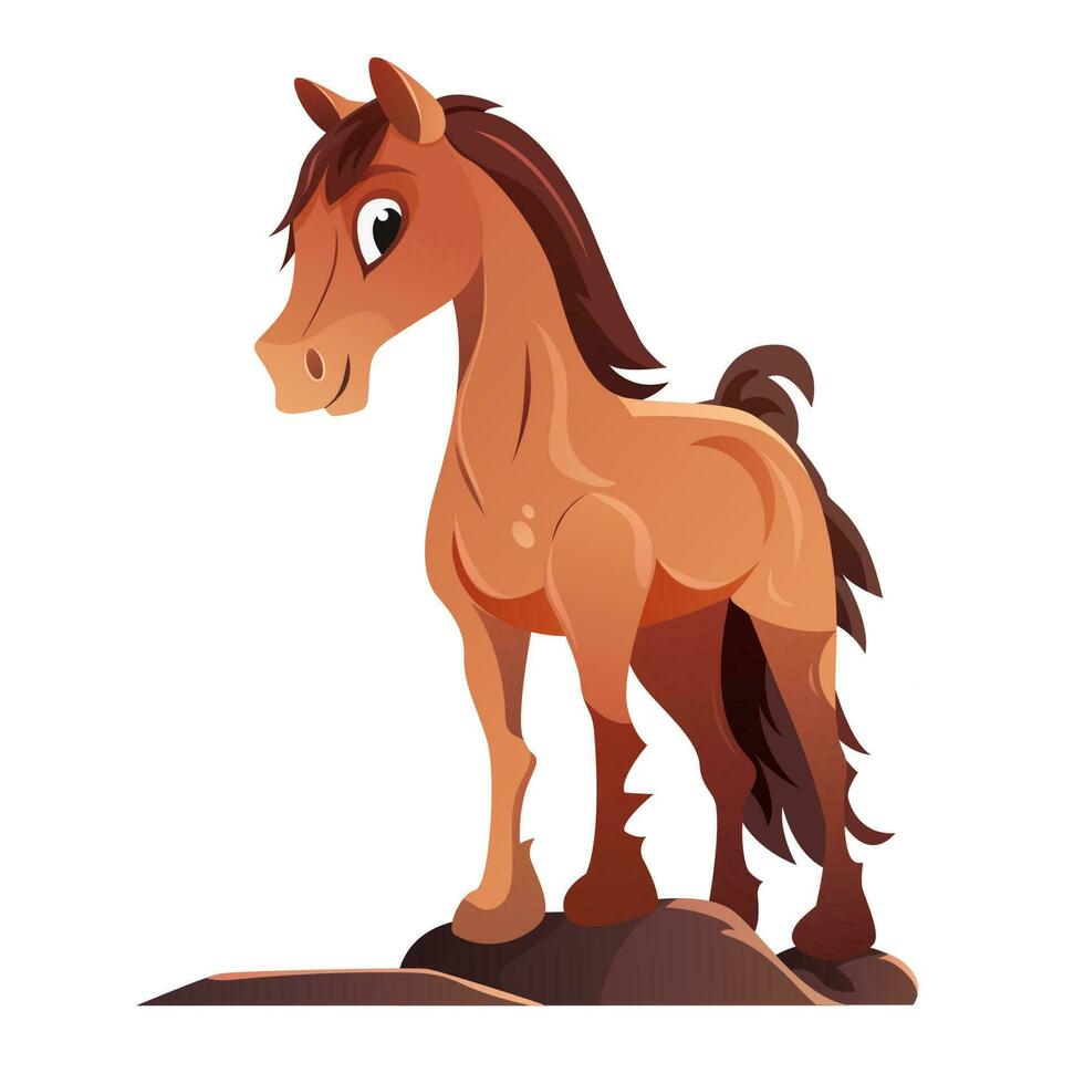 Cartoon brown horse stands on a white background. Cute pony illustration. vector