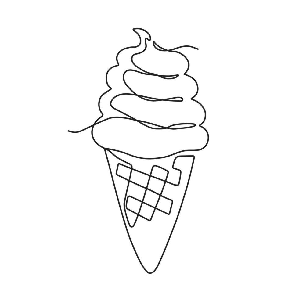Continuous one line drawing of ice cream waffle cone. Hand drawn dessert on linear style. vector