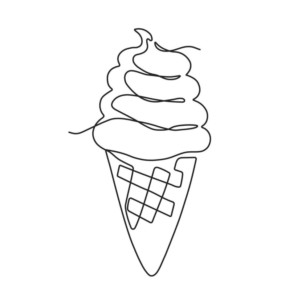 Continuous one line drawing of ice cream waffle cone. Hand drawn dessert on linear style. vector