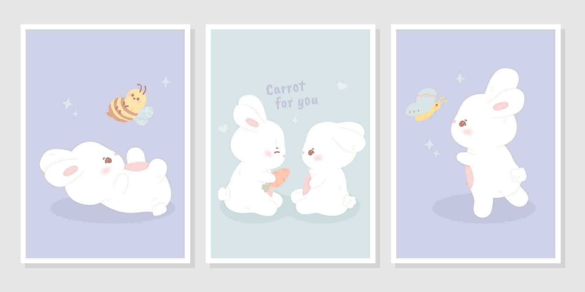 Kids posters with white rabbits, bee and butterfly in pastel color. Vector Illustration of cute animals for decoration baby room, greeting card and invitations