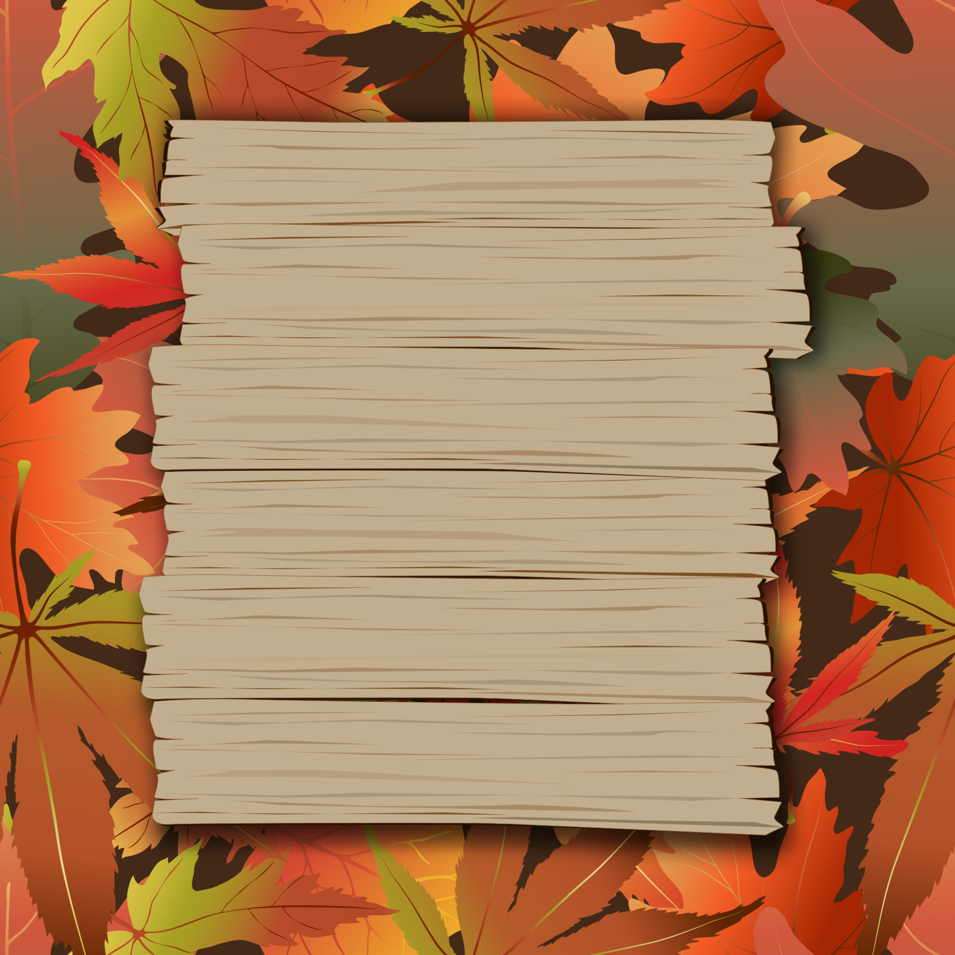 Autumn sale background with empty brown wooden board sign on maple