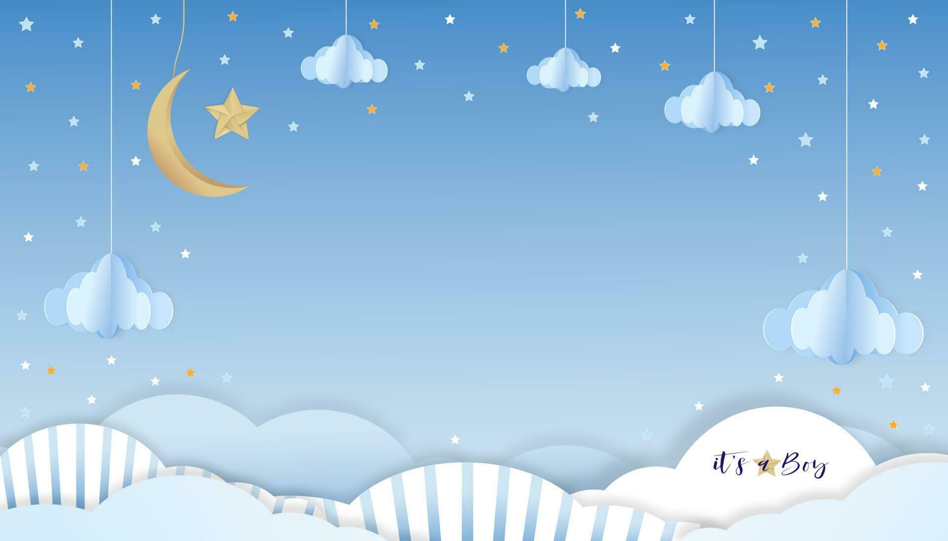 Baby boy shower card blue background,Paper cut abstract origami