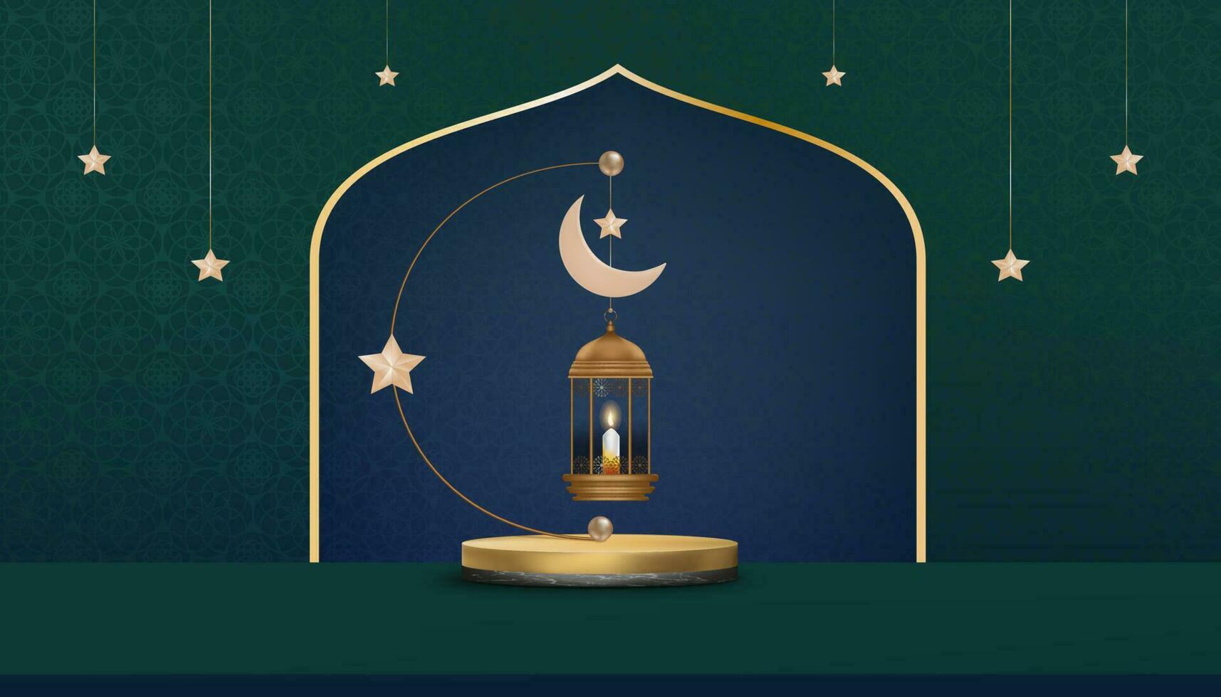 Islamic Podium with Traditional islamic lantern with Crescent moon,Star hanging on green background, Vector Backdrop of Religion of Muslim Symbolic,Eid ul fitr, Ramadan Kareem,Eid al Adha,Eid Mubarak