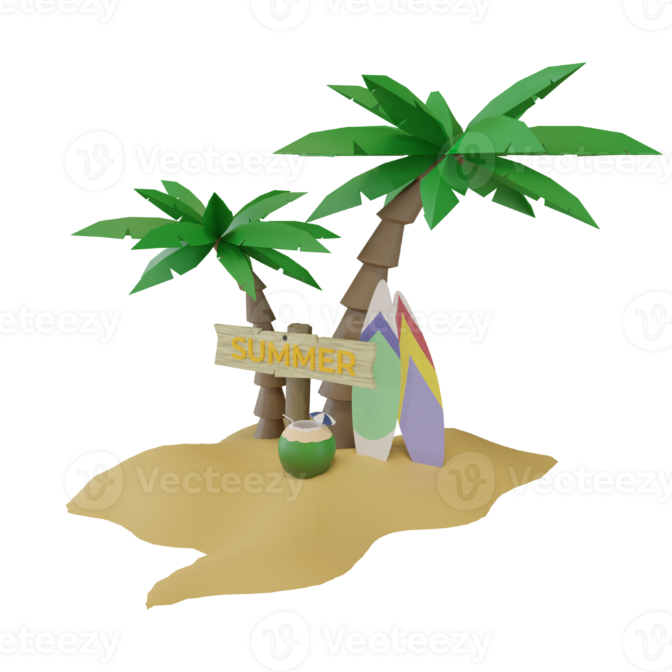 summer signboard with palm trees, surfboards and young coconuts, 3d render png