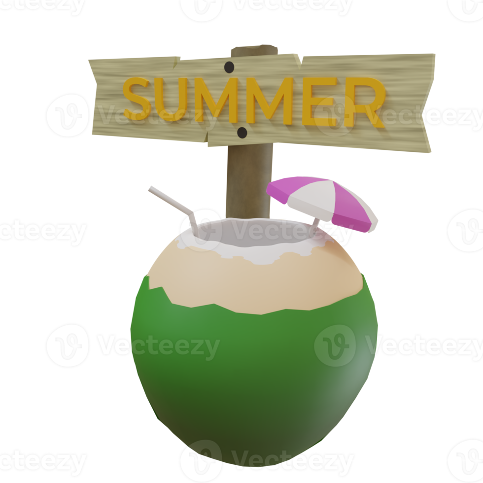 3D-weergave van verse kokosnootfruitdrank met zomeruithangbord, voor posters, banners, promotieflyers en wenskaarten png